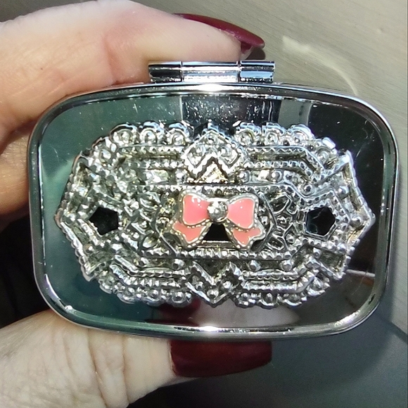 Embellished Silver Pill Case Container Pink Bow - Picture 3 of 11